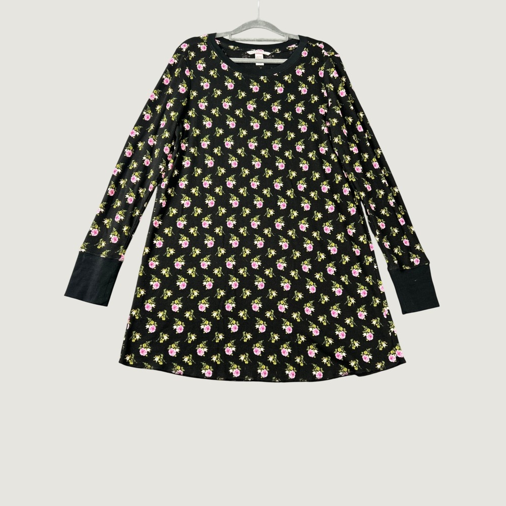 Victorias Secret Black Floral Thermal Nightshirt Long Sleeve Sleep Dress Medium